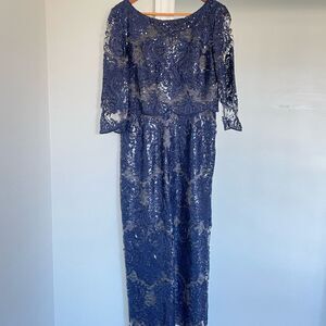 Tahari Arthur S. Levine Boat Neck 3/4 Sleeve Embroidered A-Line Gown